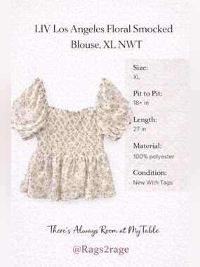 LIV Los Angeles Floral Smocked Blouse Puff Sleeve XL NWT